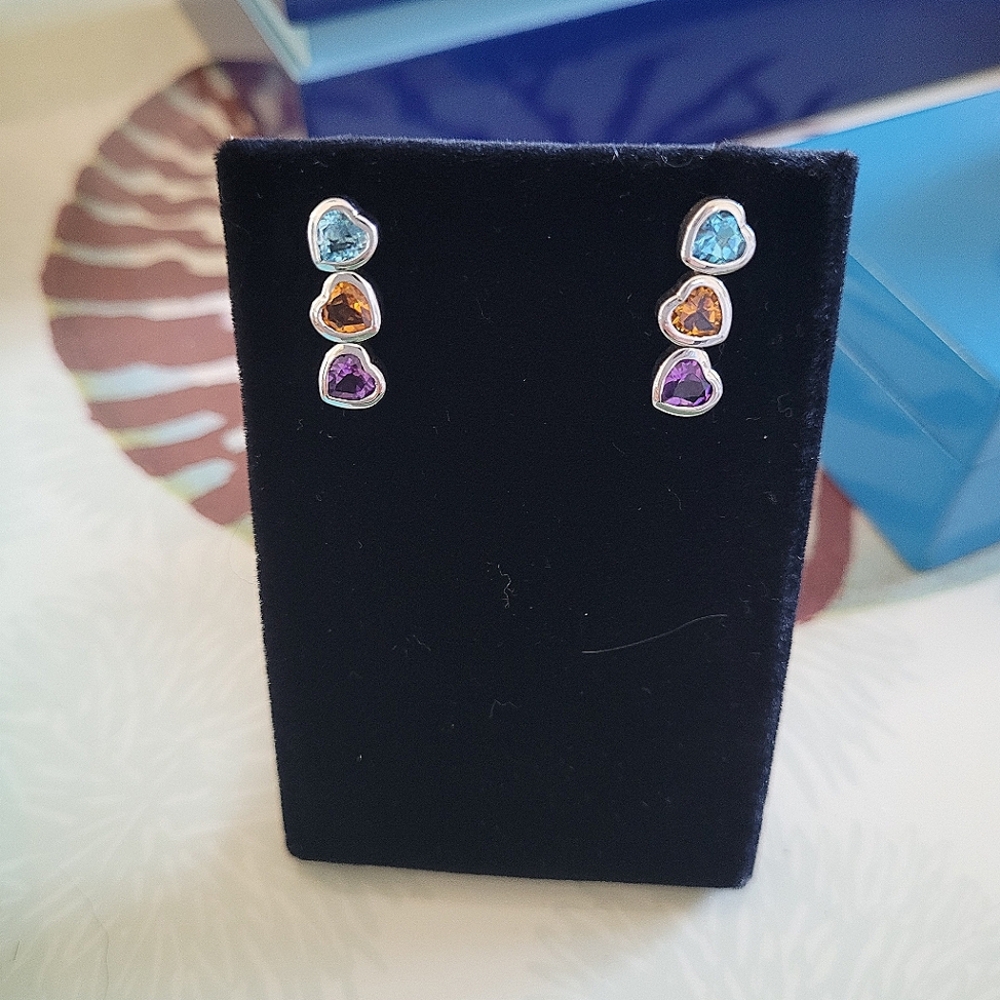 New Ross Simons 925 sterling blue yellow Topaz, amethyst, heart shaped earrings